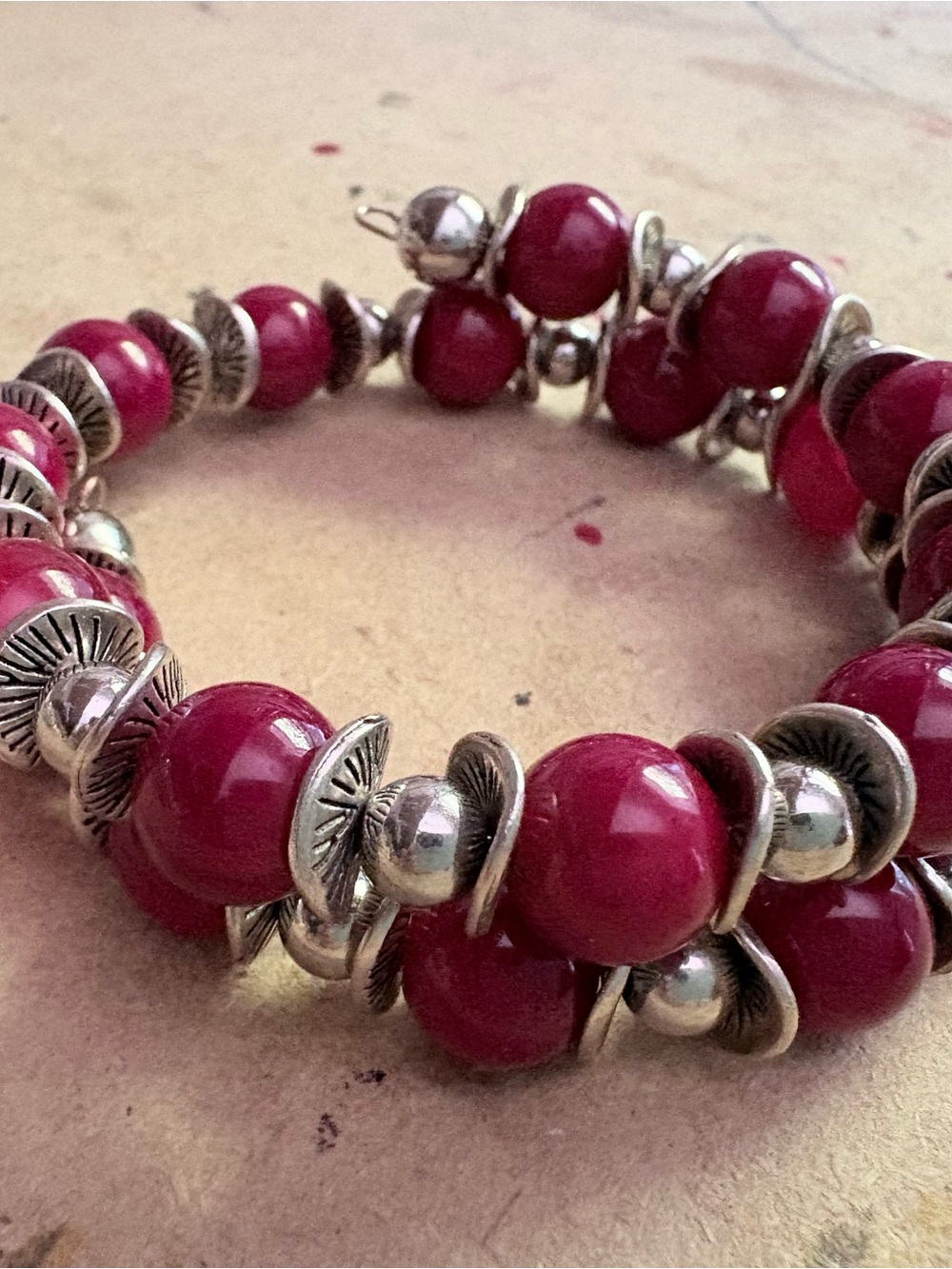 Handmade Silver & Dark Pink Beaded wire  Bracelet - Women Jewelry
